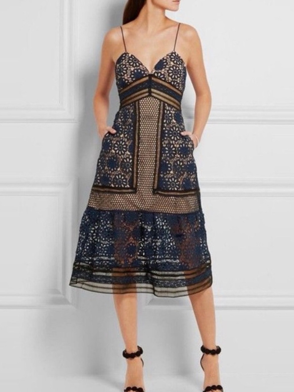Self-Portrait Navy and Black Lace Midi Dress